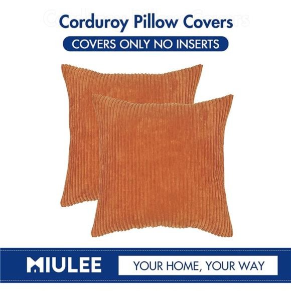 Pack of 2 Fall Orange Pillow Covers 18x18 Inch Soft Boho Striped Corduroy Throw - Picture 4 of 6